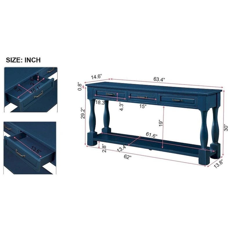Consolle in legno massiccio da 63 pollici con 3 cassetti e 1 ripiano inferiore