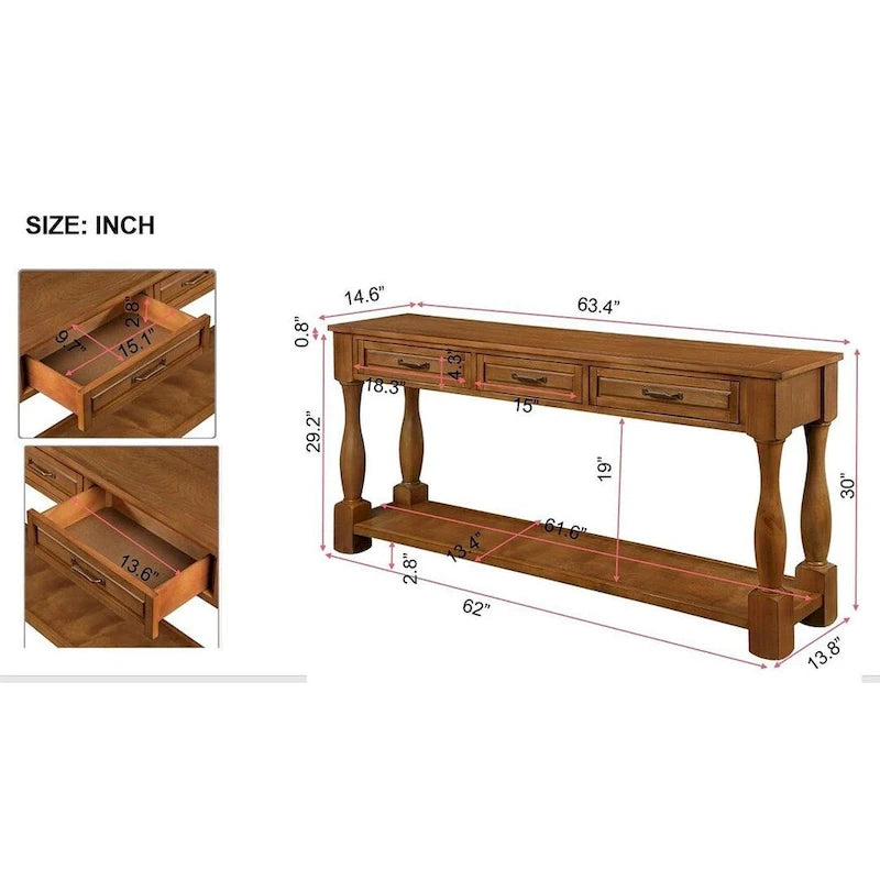 Consolle in legno massiccio da 63 pollici con 3 cassetti e 1 ripiano inferiore