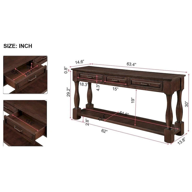Consolle in legno massiccio da 63 pollici con 3 cassetti e 1 ripiano inferiore