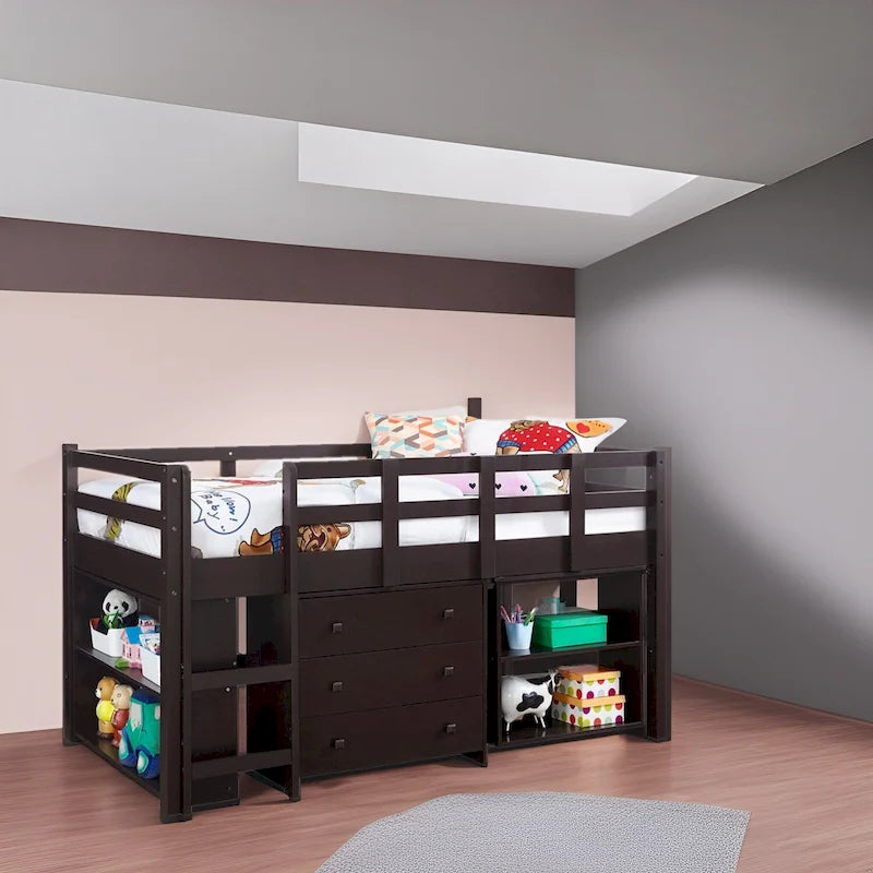 Letto a soppalco basso per bambini con scrivania e contenitore - Letto a soppalco in legno di pino con armadietto e spazio studio