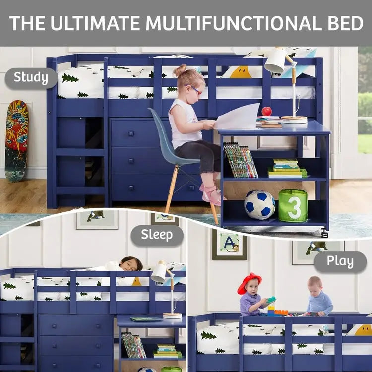 Letto a soppalco basso per bambini con scrivania e contenitore - Letto a soppalco in legno di pino con armadietto e spazio studio