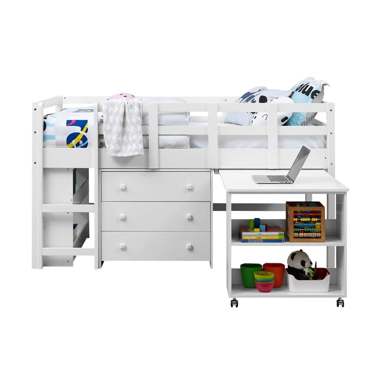 Letto a soppalco basso per bambini con scrivania e contenitore - Letto a soppalco in legno di pino con armadietto e spazio studio