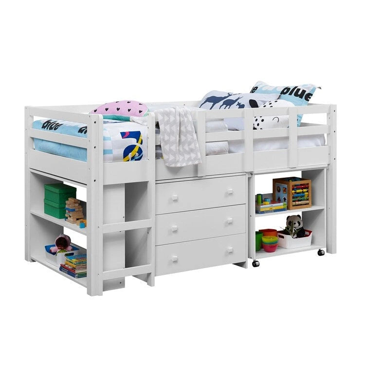 Letto a soppalco basso per bambini con scrivania e contenitore - Letto a soppalco in legno di pino con armadietto e spazio studio