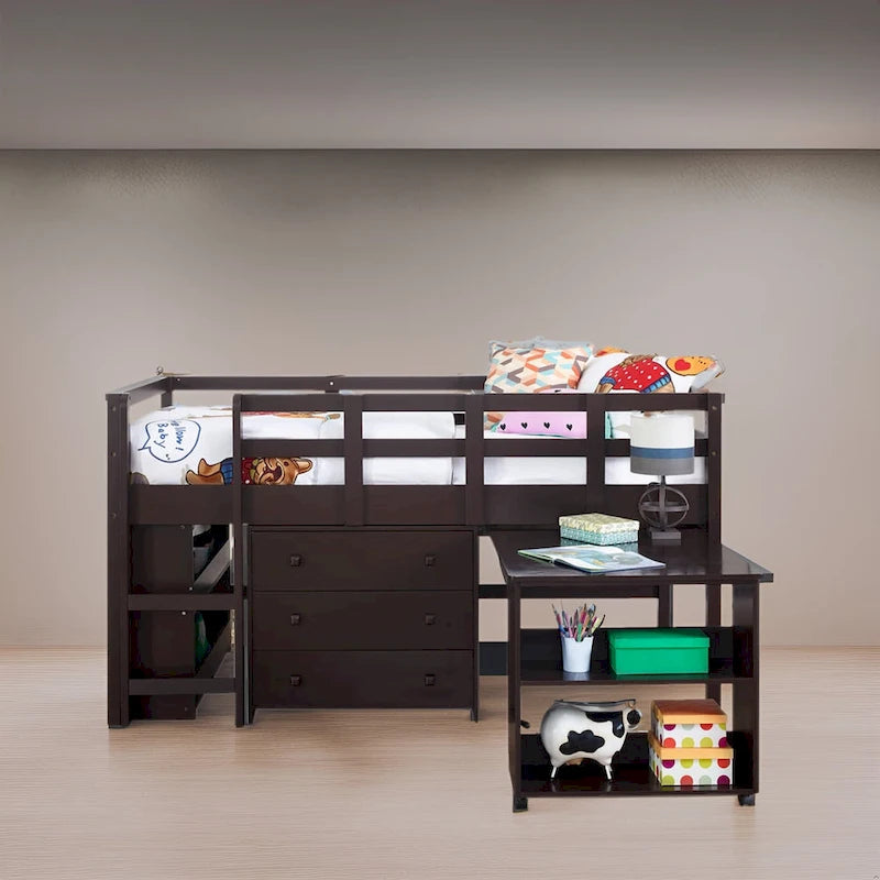 Letto a soppalco basso per bambini con scrivania e contenitore - Letto a soppalco in legno di pino con armadietto e spazio studio