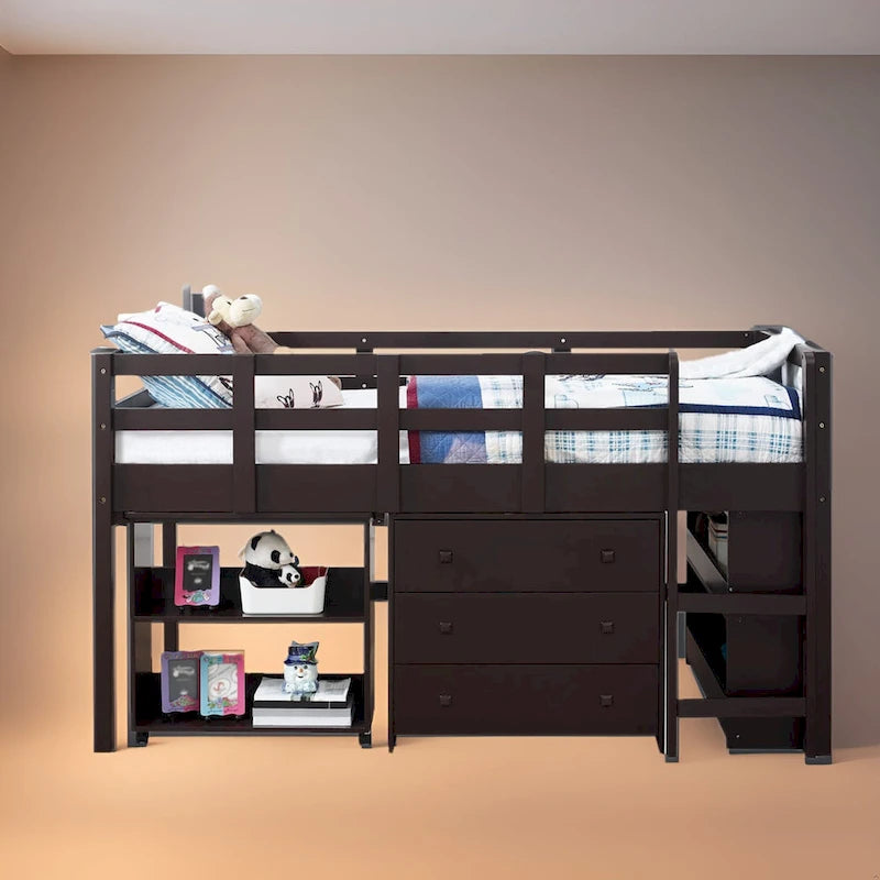 Letto a soppalco basso per bambini con scrivania e contenitore - Letto a soppalco in legno di pino con armadietto e spazio studio