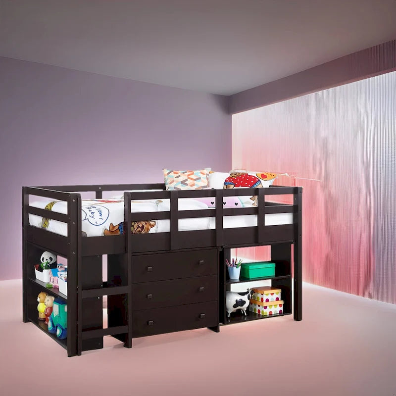 Letto a soppalco basso per bambini con scrivania e contenitore - Letto a soppalco in legno di pino con armadietto e spazio studio