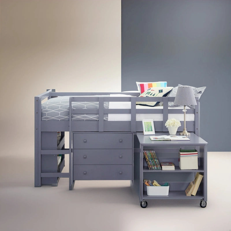 Letto a soppalco basso per bambini con scrivania e contenitore - Letto a soppalco in legno di pino con armadietto e spazio studio
