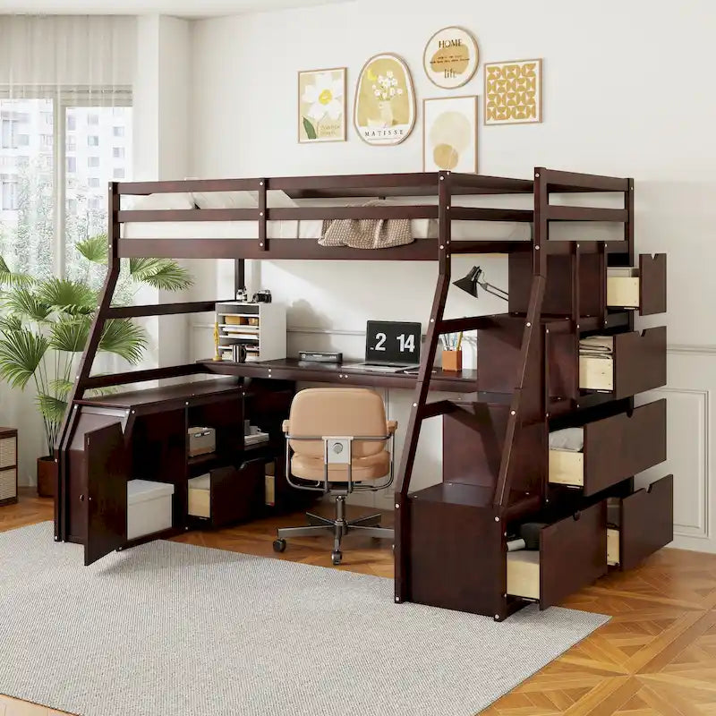Letto a soppalco matrimoniale in pino con scrivania e contenitore