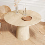 Tavolo da pranzo rotondo per 4-6 persone, con venature naturali del legno, base a piedistallo cono in legno, tavolo da pranzo rustico minimalista