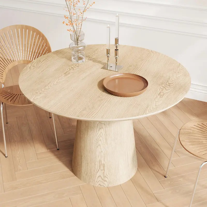 Tavolo da pranzo rotondo per 4-6 persone, con venature naturali del legno, base a piedistallo cono in legno, tavolo da pranzo rustico minimalista