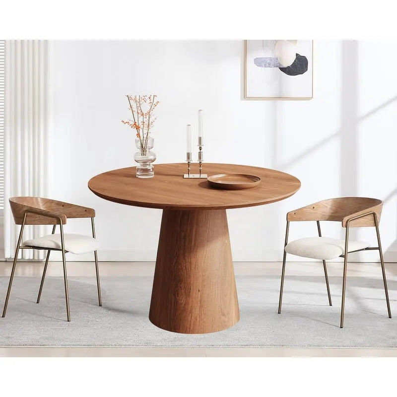Tavolo da pranzo rotondo per 4-6 persone, con venature naturali del legno, base a piedistallo cono in legno, tavolo da pranzo rustico minimalista