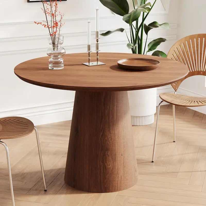 Tavolo da pranzo rotondo per 4-6 persone, con venature naturali del legno, base a piedistallo cono in legno, tavolo da pranzo rustico minimalista