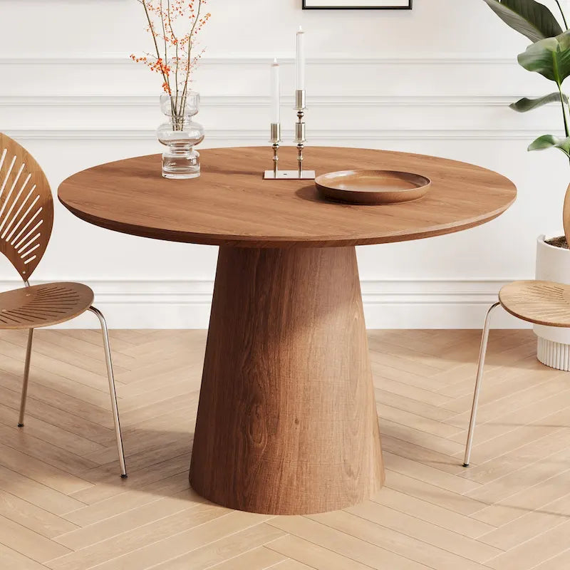 Tavolo da pranzo rotondo per 4-6 persone, con venature naturali del legno, base a piedistallo cono in legno, tavolo da pranzo rustico minimalista