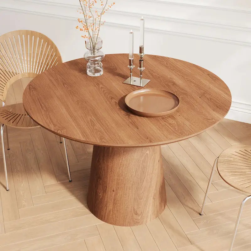Tavolo da pranzo rotondo per 4-6 persone, con venature naturali del legno, base a piedistallo cono in legno, tavolo da pranzo rustico minimalista