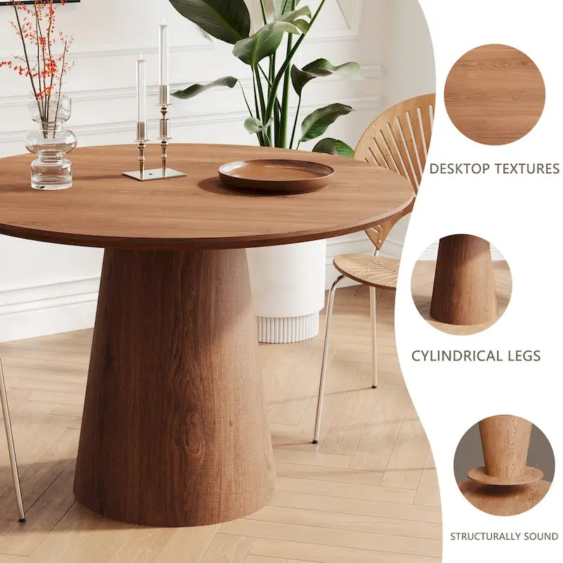 Tavolo da pranzo rotondo per 4-6 persone, con venature naturali del legno, base a piedistallo cono in legno, tavolo da pranzo rustico minimalista