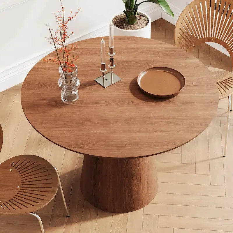 Tavolo da pranzo rotondo per 4-6 persone, con venature naturali del legno, base a piedistallo cono in legno, tavolo da pranzo rustico minimalista