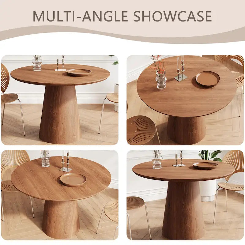 Tavolo da pranzo rotondo per 4-6 persone, con venature naturali del legno, base a piedistallo cono in legno, tavolo da pranzo rustico minimalista