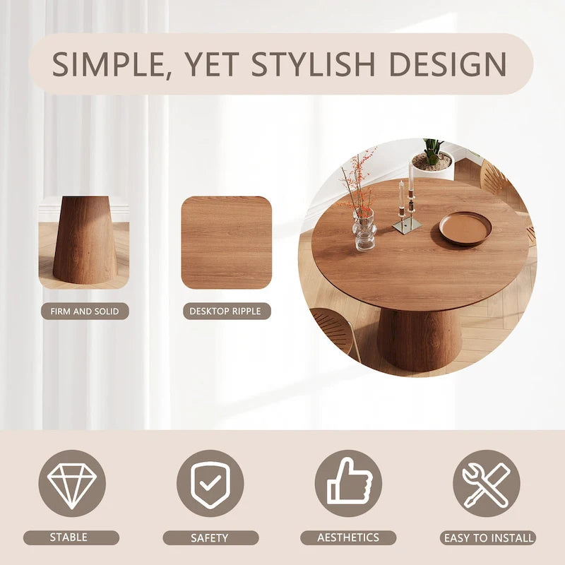 Tavolo da pranzo rotondo per 4-6 persone, con venature naturali del legno, base a piedistallo cono in legno, tavolo da pranzo rustico minimalista