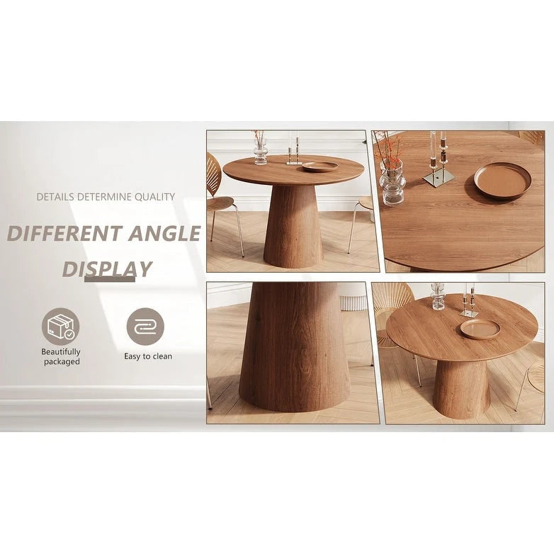 Tavolo da pranzo rotondo per 4-6 persone, con venature naturali del legno, base a piedistallo cono in legno, tavolo da pranzo rustico minimalista