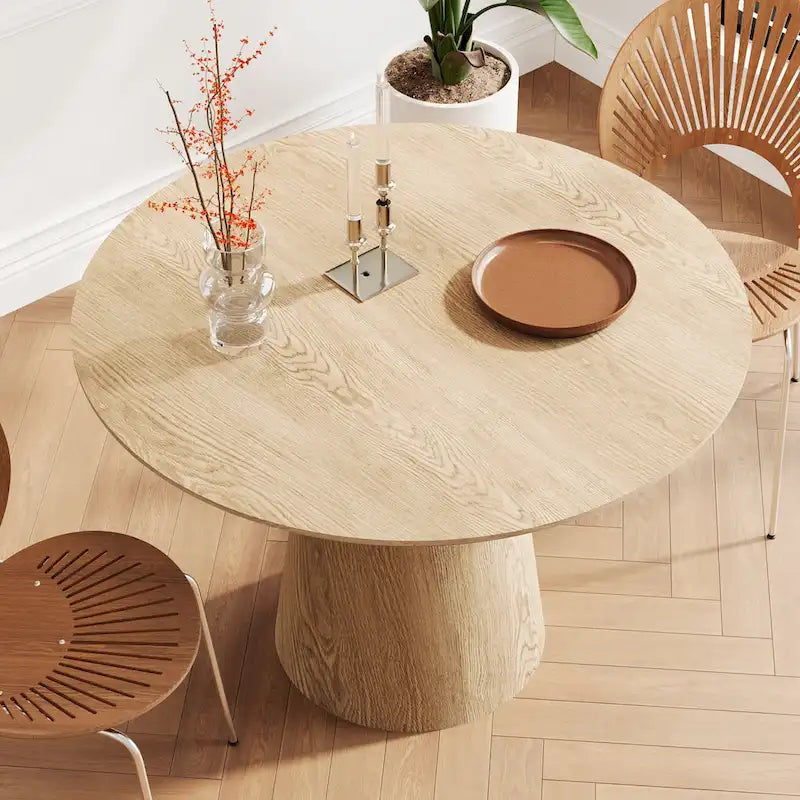 Tavolo da pranzo rotondo per 4-6 persone, con venature naturali del legno, base a piedistallo cono in legno, tavolo da pranzo rustico minimalista