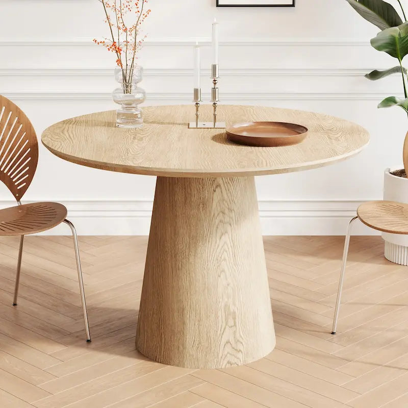 Tavolo da pranzo rotondo per 4-6 persone, con venature naturali del legno, base a piedistallo cono in legno, tavolo da pranzo rustico minimalista
