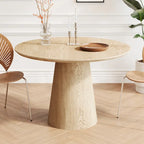 Tavolo da pranzo rotondo per 4-6 persone, con venature naturali del legno, base a piedistallo cono in legno, tavolo da pranzo rustico minimalista