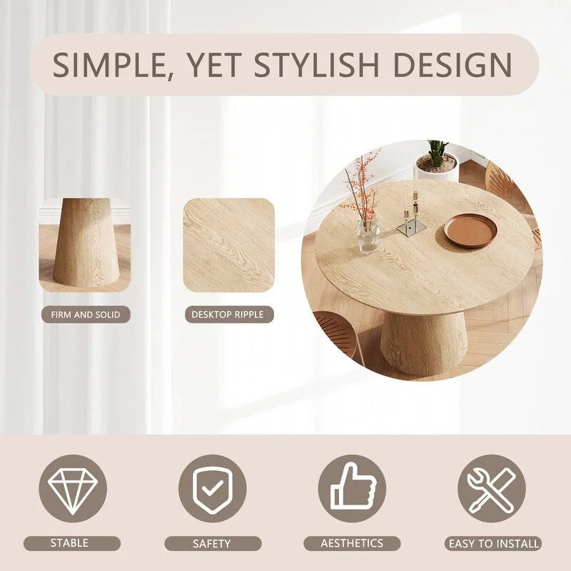 Tavolo da pranzo rotondo per 4-6 persone, con venature naturali del legno, base a piedistallo cono in legno, tavolo da pranzo rustico minimalista