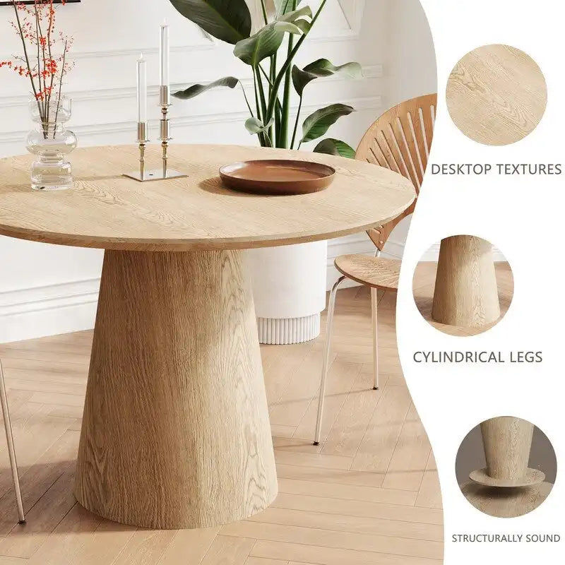 Tavolo da pranzo rotondo per 4-6 persone, con venature naturali del legno, base a piedistallo cono in legno, tavolo da pranzo rustico minimalista