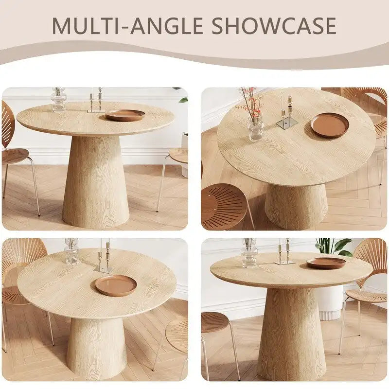 Tavolo da pranzo rotondo per 4-6 persone, con venature naturali del legno, base a piedistallo cono in legno, tavolo da pranzo rustico minimalista