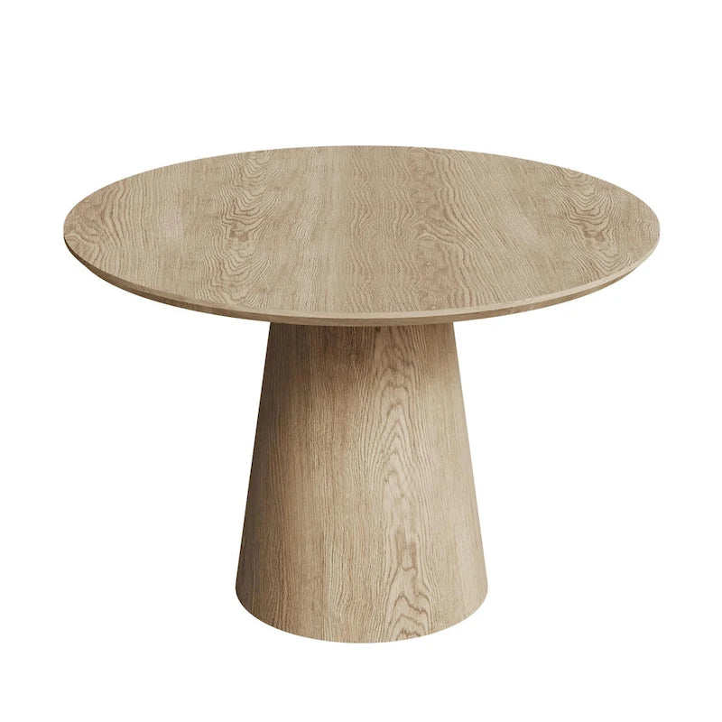 Tavolo da pranzo rotondo per 4-6 persone, con venature naturali del legno, base a piedistallo cono in legno, tavolo da pranzo rustico minimalista