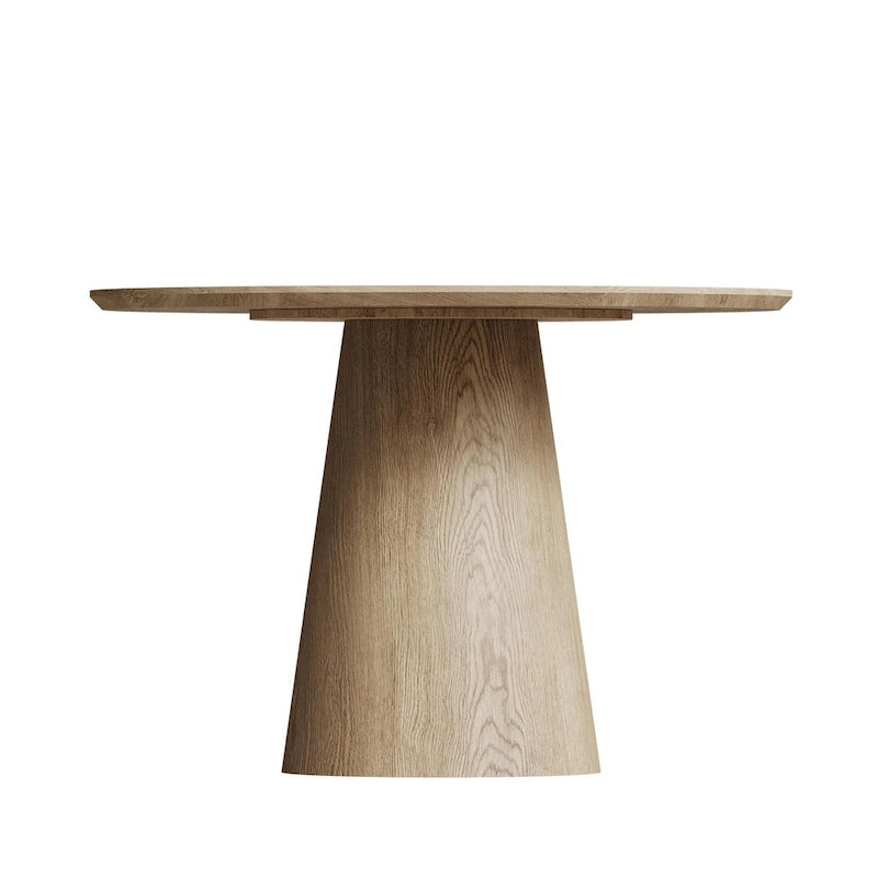 Tavolo da pranzo rotondo per 4-6 persone, con venature naturali del legno, base a piedistallo cono in legno, tavolo da pranzo rustico minimalista