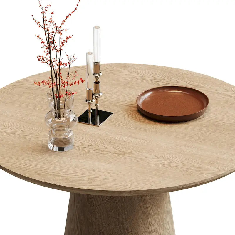 Tavolo da pranzo rotondo per 4-6 persone, con venature naturali del legno, base a piedistallo cono in legno, tavolo da pranzo rustico minimalista