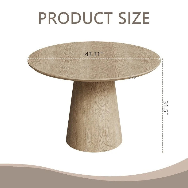 Tavolo da pranzo rotondo per 4-6 persone, con venature naturali del legno, base a piedistallo cono in legno, tavolo da pranzo rustico minimalista