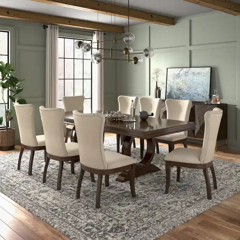 Set da Pranzo Allungabile in Legno Ciliegio Scuro e Tessuto Beige