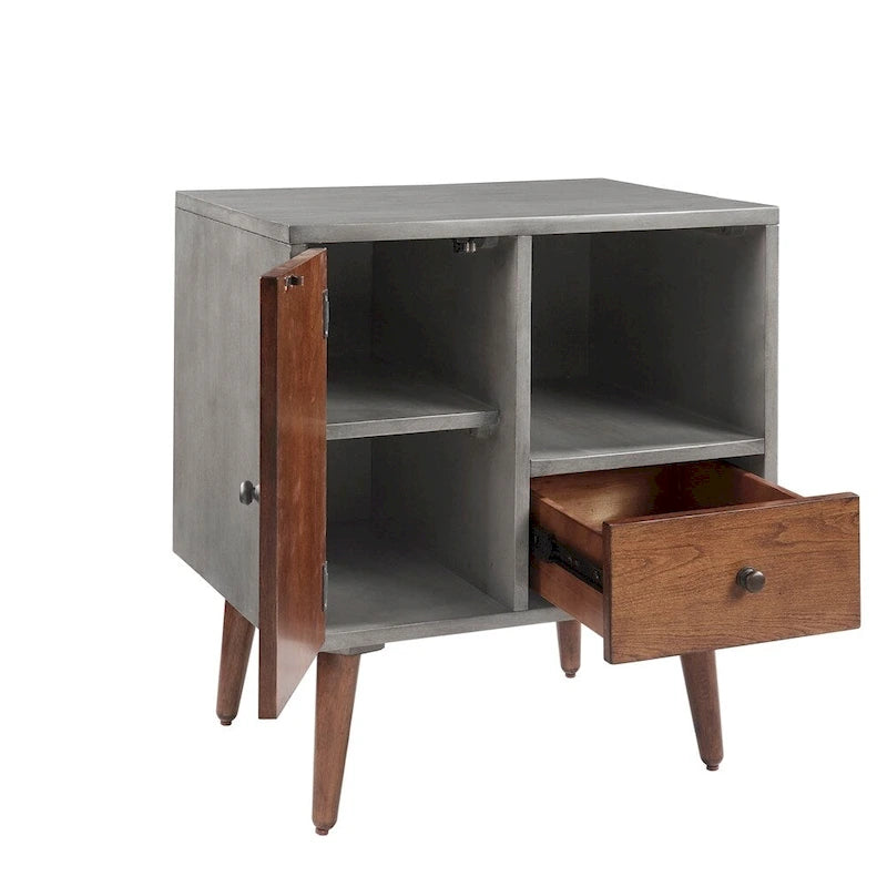 Comodino grigio con cassetto e ripiano aperto