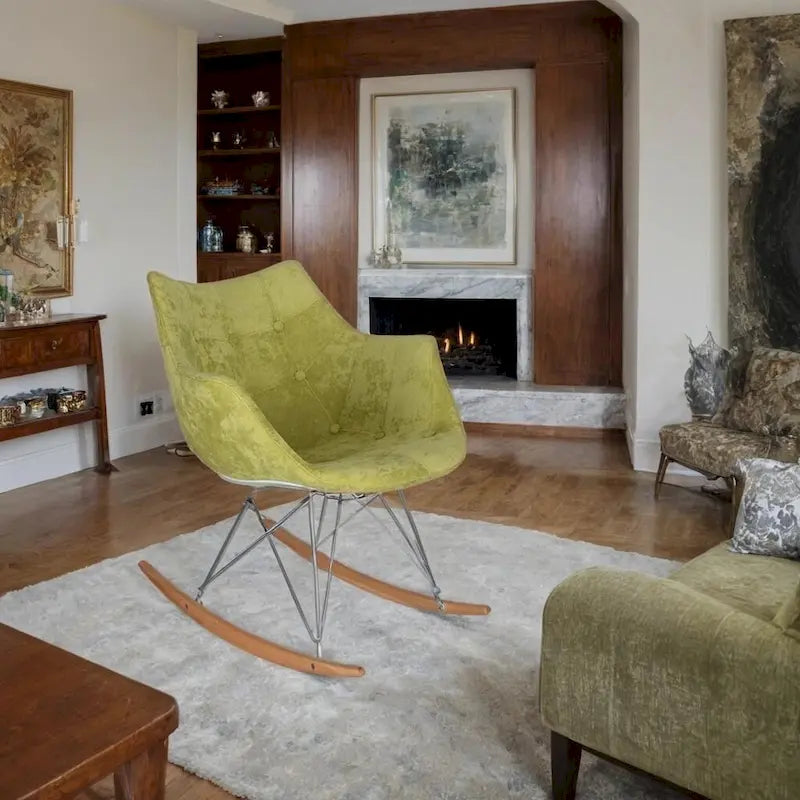 Poltrona a dondolo moderna per cameretta, rivestita in velluto - Poltrona accentata Mid-Century
