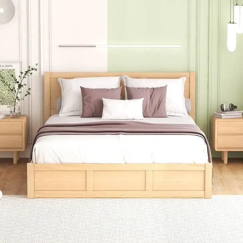 Letto a piattaforma matrimoniale in legno con contenitore sottostante e 2 cassetti, colore legno