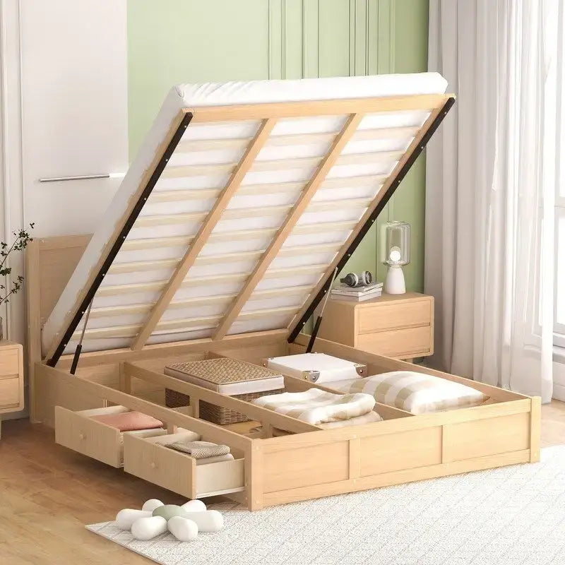 Letto a piattaforma matrimoniale in legno con contenitore sottostante e 2 cassetti, colore legno