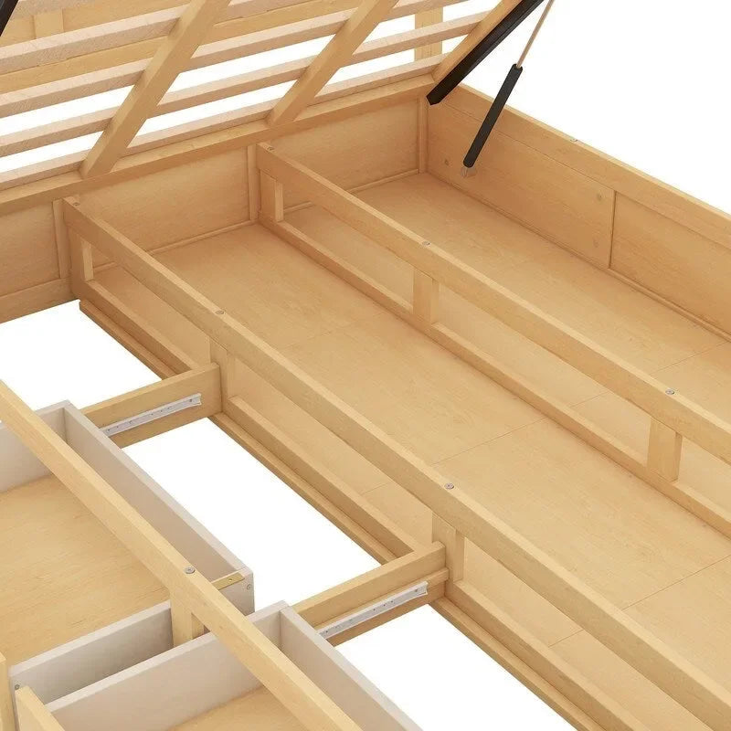 Letto a piattaforma matrimoniale in legno con contenitore sottostante e 2 cassetti, colore legno