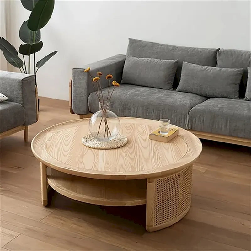 JASIWAY 2-Tiered Round Wood Coffee Table with Rattan Base