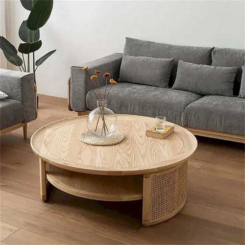 JASIWAY 2-Tiered Round Wood Coffee Table with Rattan Base