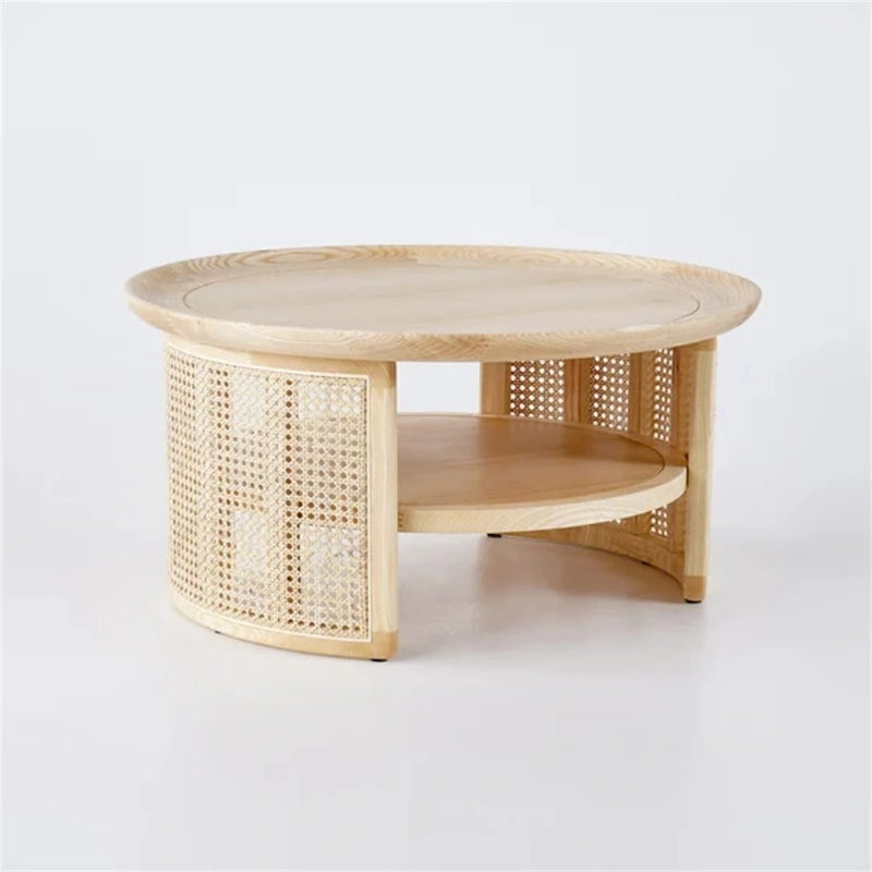 Tavolino da caffè rotondo a 2 ripiani in legno con base in rattan