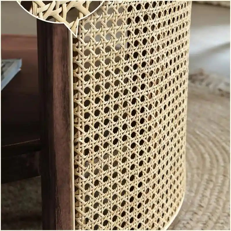 Tavolino da caffè rotondo a 2 ripiani in legno con base in rattan