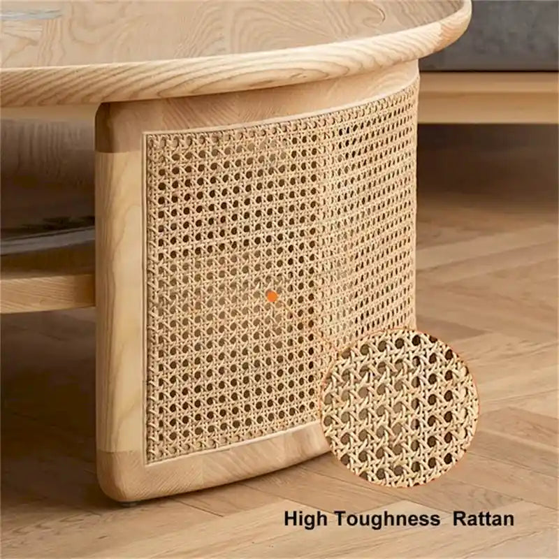 Tavolino da caffè rotondo a 2 ripiani in legno con base in rattan
