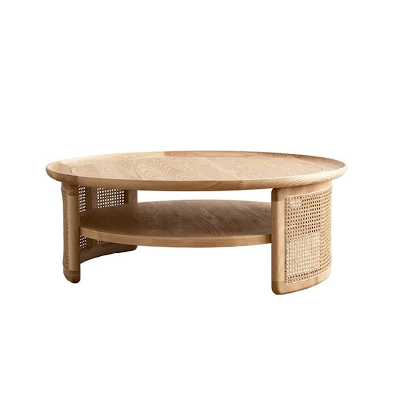 Tavolino da caffè rotondo a 2 ripiani in legno con base in rattan
