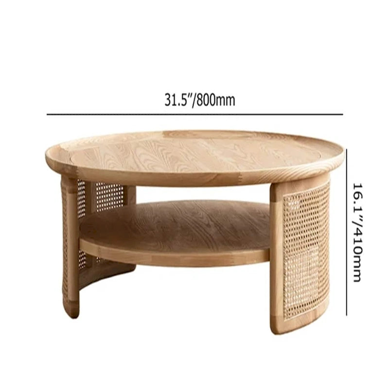Tavolino da caffè rotondo a 2 ripiani in legno con base in rattan