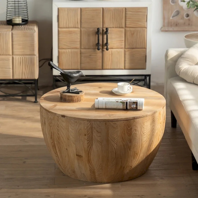 Tavolino da caffè in legno a forma di tamburo a secchiello in stile vintage