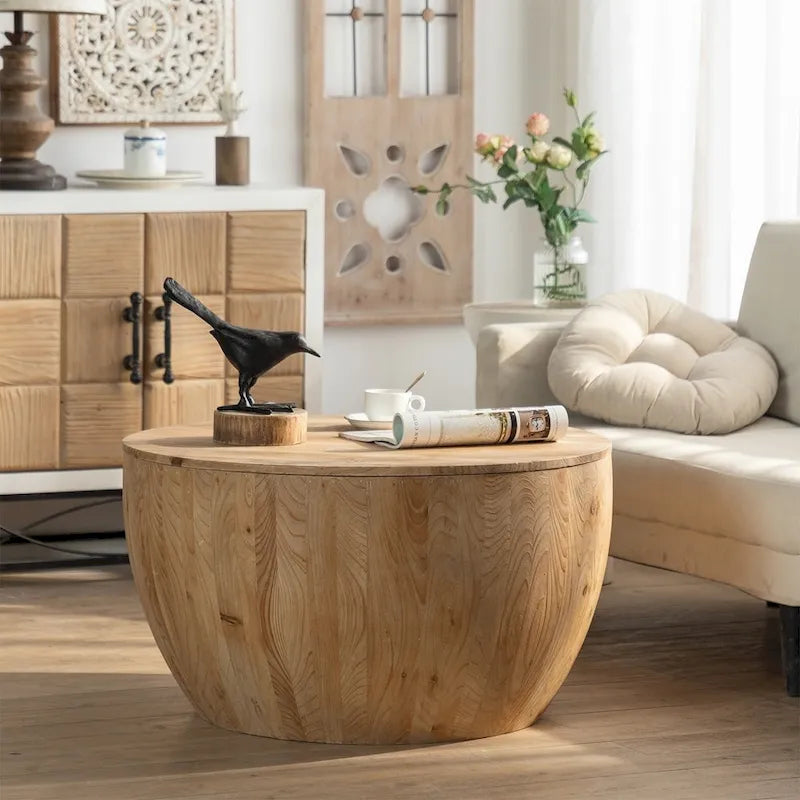 Tavolino da caffè in legno a forma di tamburo a secchiello in stile vintage