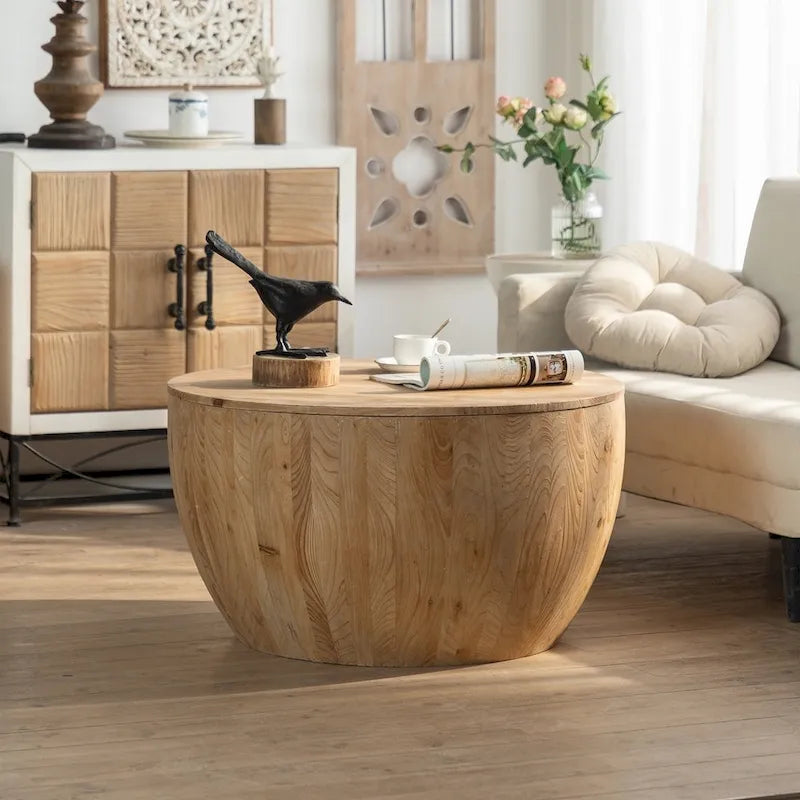 Tavolino da caffè in legno a forma di tamburo a secchiello in stile vintage