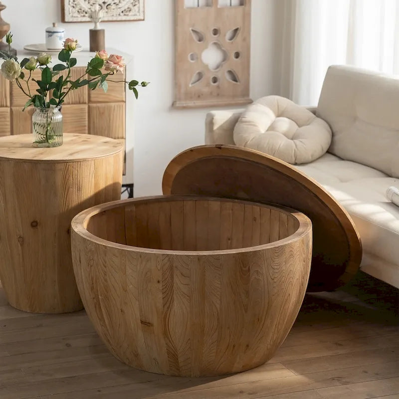 Tavolino da caffè in legno a forma di tamburo a secchiello in stile vintage